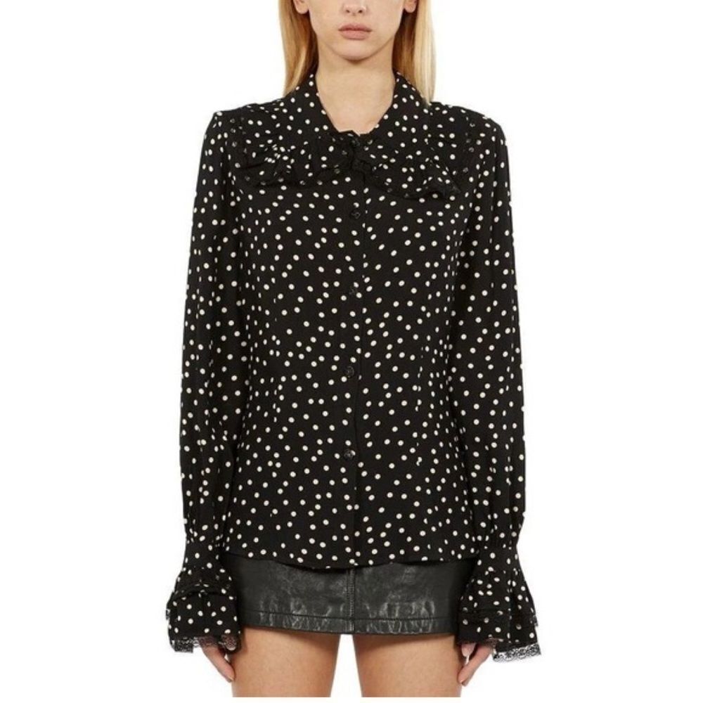 $375 The Kooples Black polka dot lace trim Ruffle Collar button up blouse shirt